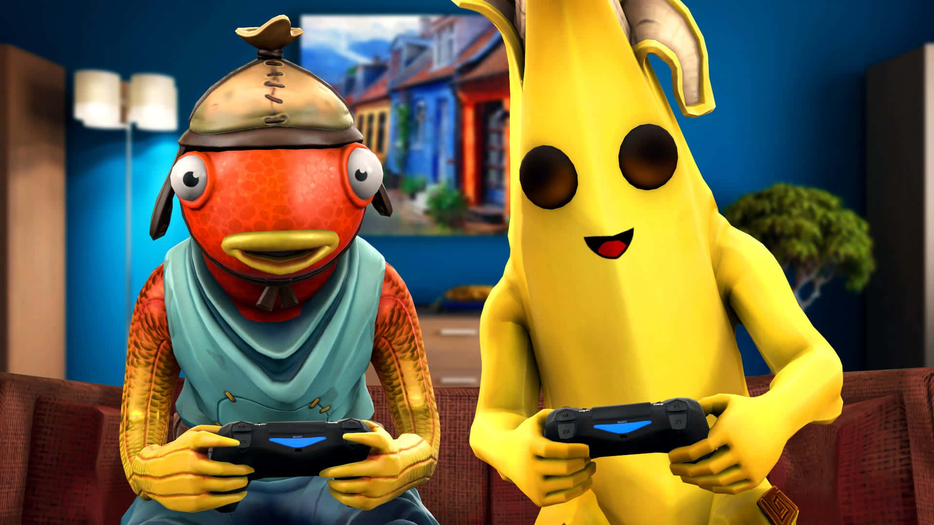 <玩家名稱> 准備好用魚棒執行《Fortnite》任務！ 壁紙 — 兩個卡通角色，一條魚和一根香蕉，坐在色彩繽紛的客廳沙發上，手持遊戲控制器。