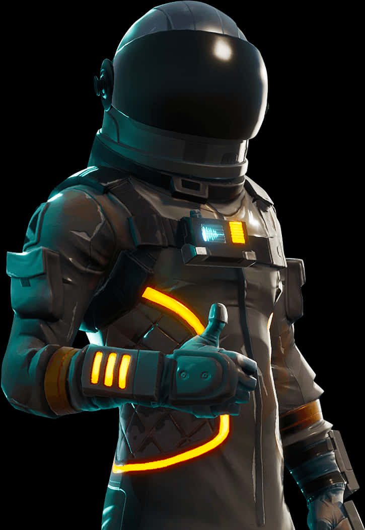 《Fortnite》潛行特務角色 壁紙 — 一位未來風格的太空人，身穿帶有發光橙色點綴的時尚黑色太空衣，在深色背景下豎起大拇指。