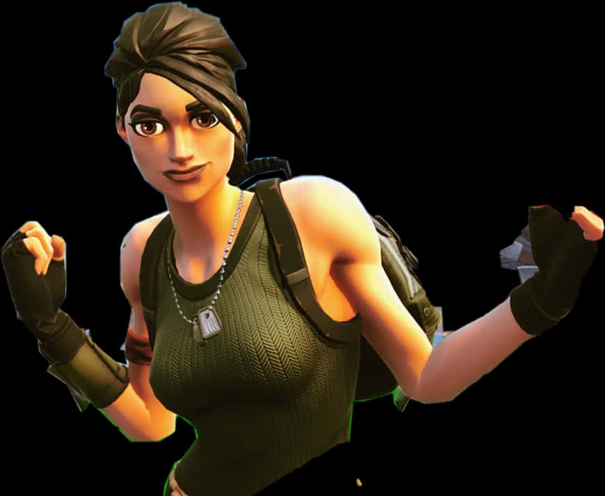 Fortnite 預設女性角色 壁紙 — 一個自信的女性Fortnite角色，身穿綠色背心和手套，在黑色背景前擺姿勢。