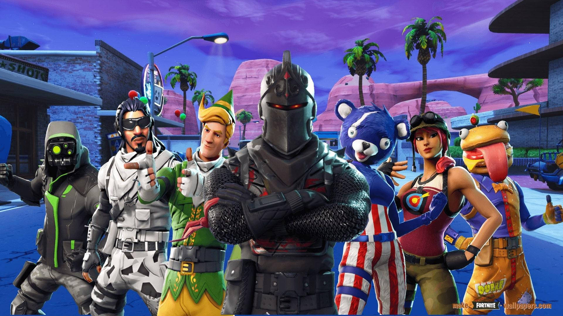 稀有經典《Fortnite》角色皮膚 壁紙 — 一群充滿活力的Fortnite角色穿著色彩繽紛的服裝，在紫色天空下的風格化城市環境中自信地擺姿勢。