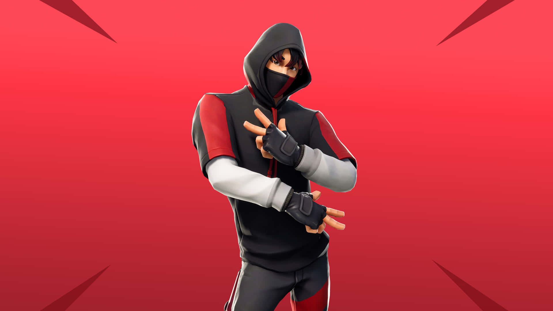Fortnite角色穿連帽衫在紅色背景前擺姿勢