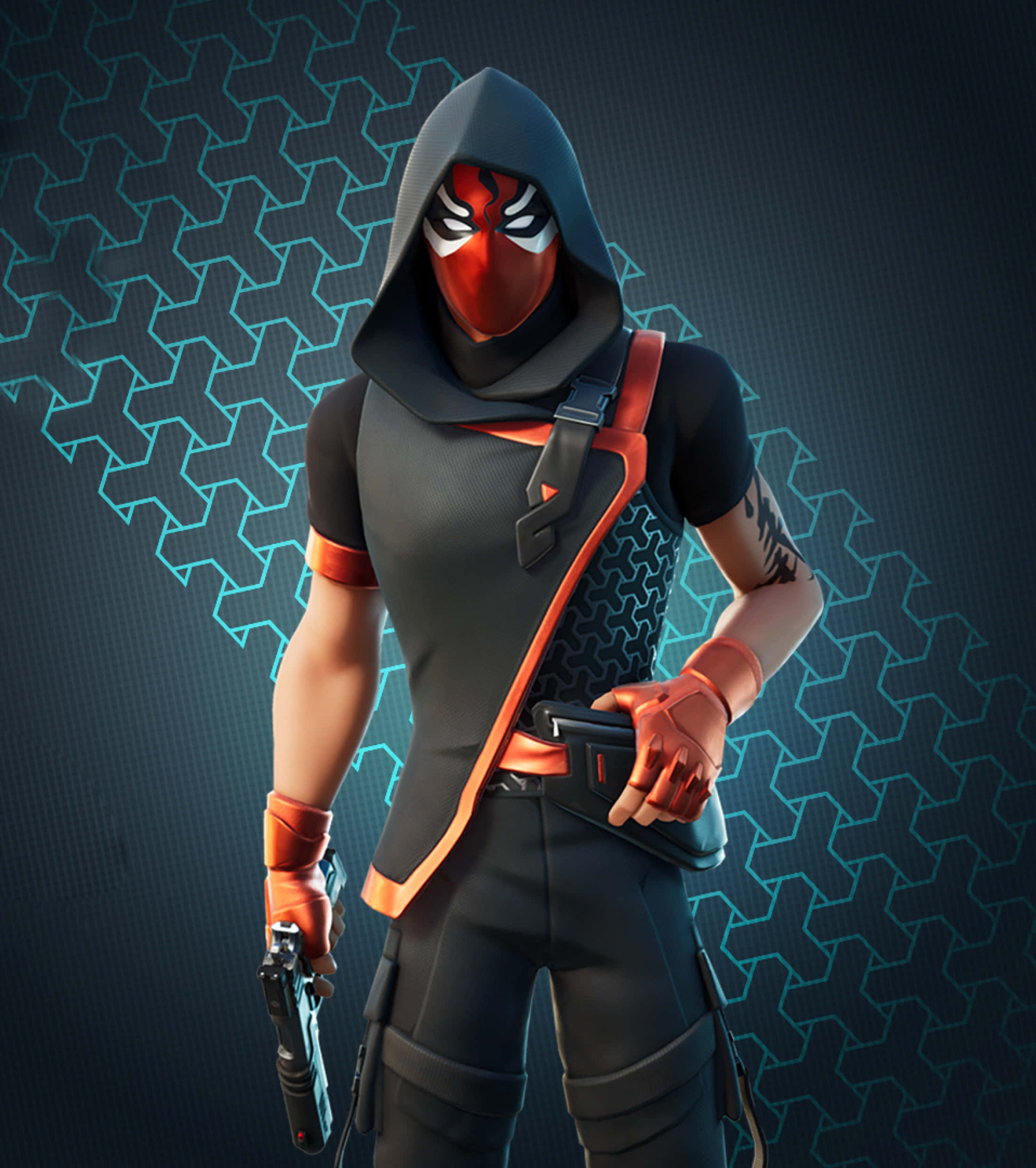 穿上 Fortnite Ikonik 皮膚，投入遊戲 壁紙 — 一個戴著面具的Fortnite角色，身穿黑色和橙色裝備，手持手槍，背景是發光的藍色六邊形圖案。