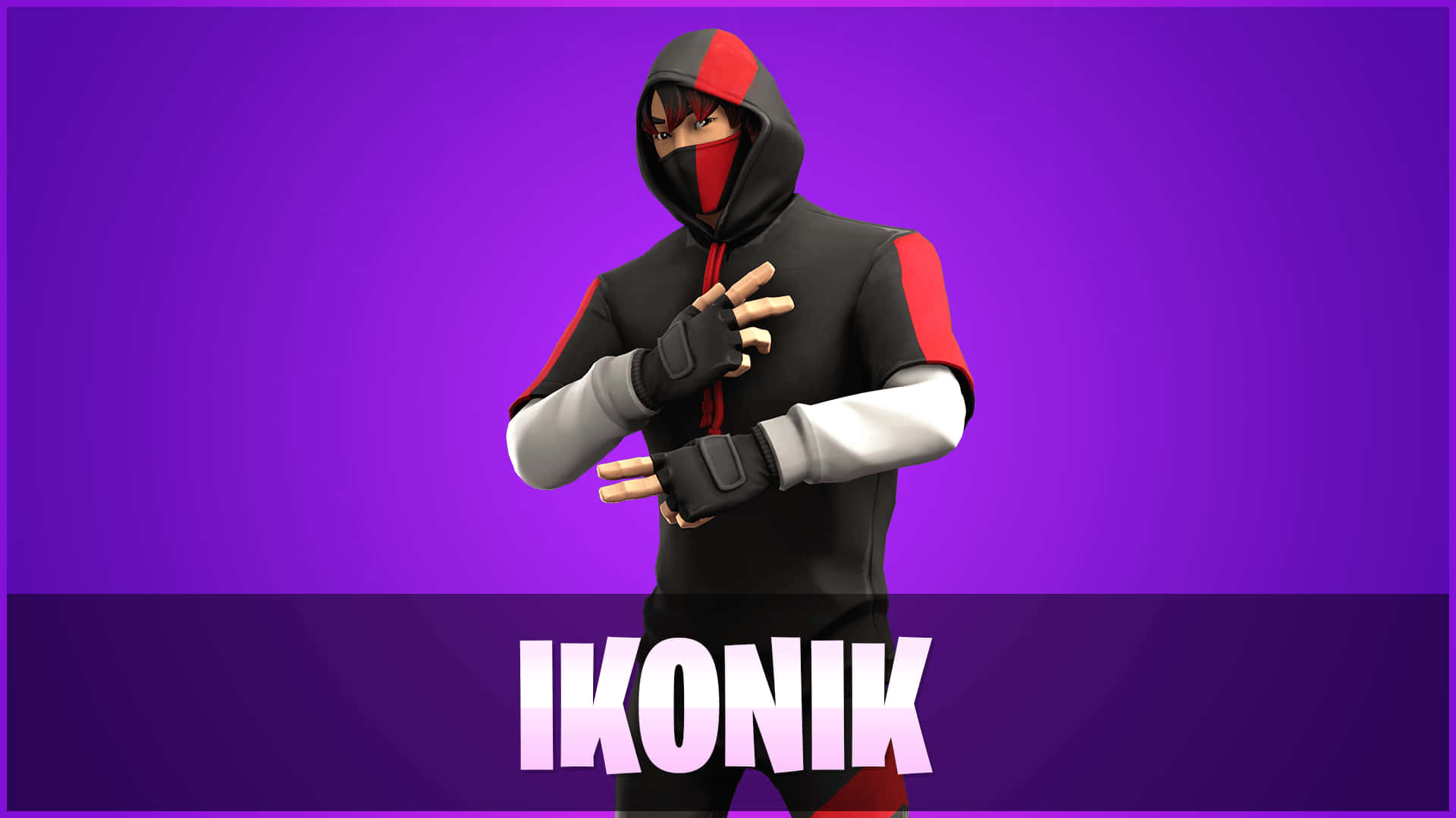 立即解鎖稀有 Fortnite Ikonik 皮膚！ 壁紙 — 一個風格化的Fortnite角色穿著黑、紅、白連帽衫，在充滿活力的紫色漸變背景前擺姿勢。
