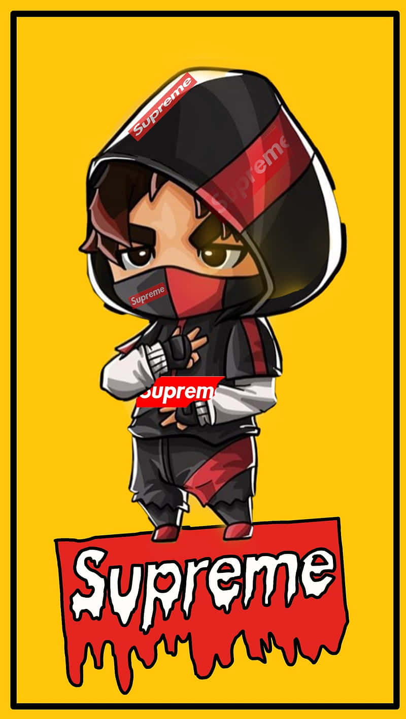 穿著Supreme裝備的Q版動漫角色站在滴落的Supreme標誌上。