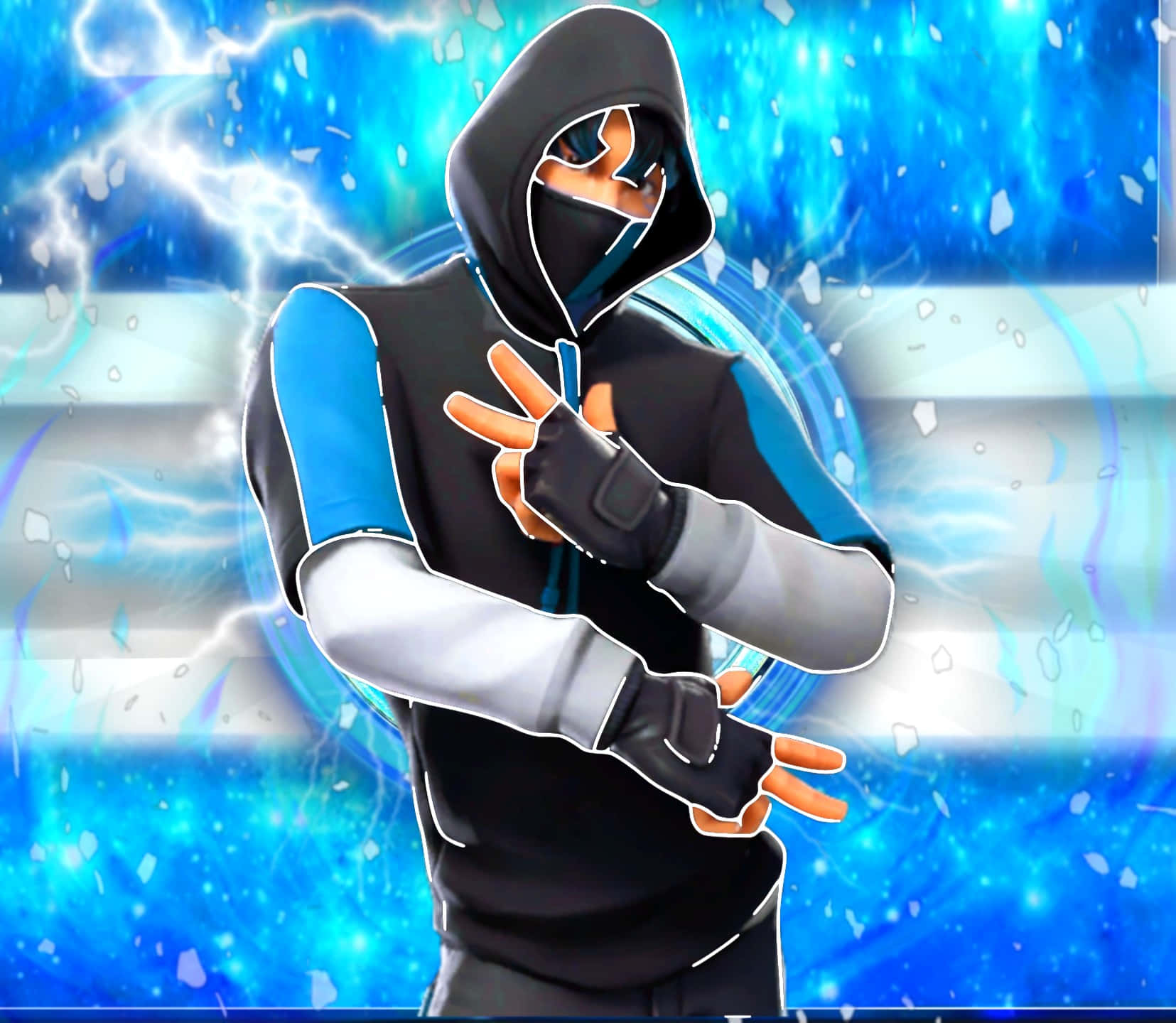 解鎖 Fortnite 限定版 Ikonik 皮膚 壁紙 — 一個戴著連帽衫的人物，擁有發光的眼睛和藍色能量效果，在充滿活力的電光藍色背景前動態擺姿勢。
