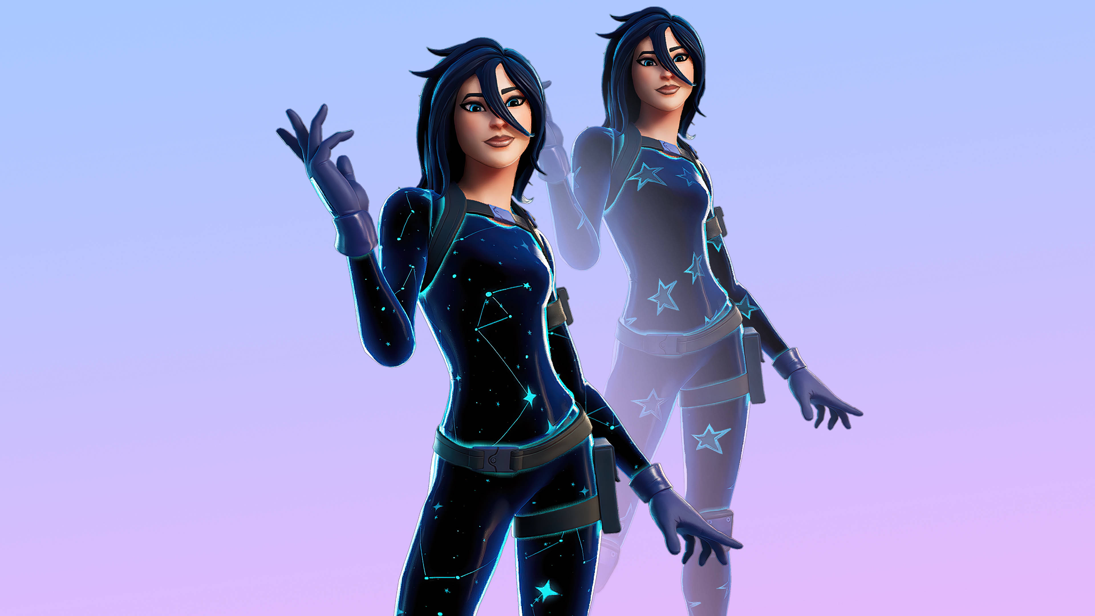 《Fortnite》阿斯特拉皮膚 壁紙 — 兩個《要塞英雄》角色穿著發光星星圖案服裝，在柔和的紫色漸變天空前擺姿勢。
