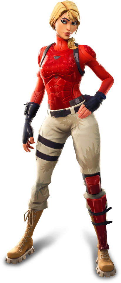 Fortnite 女性超級英雄角色姿勢 壁紙 — 一個自信的女性電子遊戲角色，身穿紅色盔甲服裝和米色褲子，站在黑色背景前。