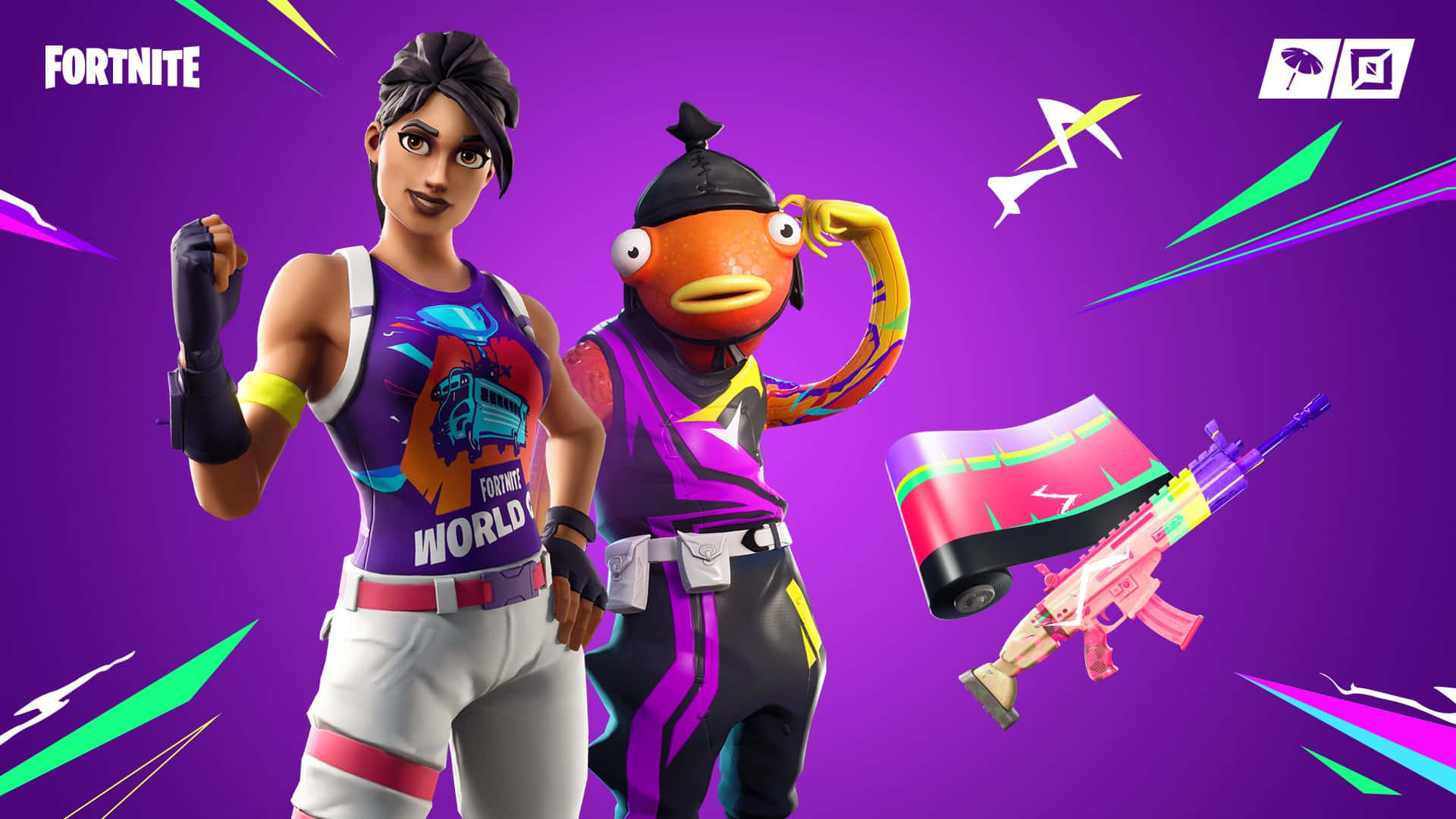 「魚條，稀有《Fortnite》造型！」 壁紙 — 兩個要塞英雄角色在充滿霓虹條紋和漂浮武器的鮮豔紫色背景前自信地擺姿勢。