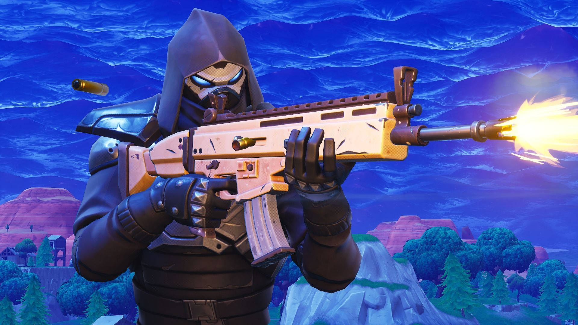 Fortnite 獵鷹射擊 壁紙 — 一個戴著兜帽的Fortnite角色在超現實的藍色山脈背景下發射發光武器。