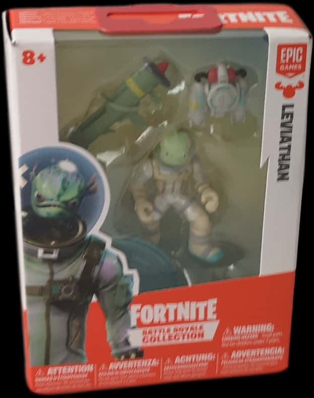 《Fortnite》利維坦動作人偶包裝 壁紙 — 包裝中的 Fortnite Leviathan 可動人偶，附有綠色外星角色和火箭發射器配件。