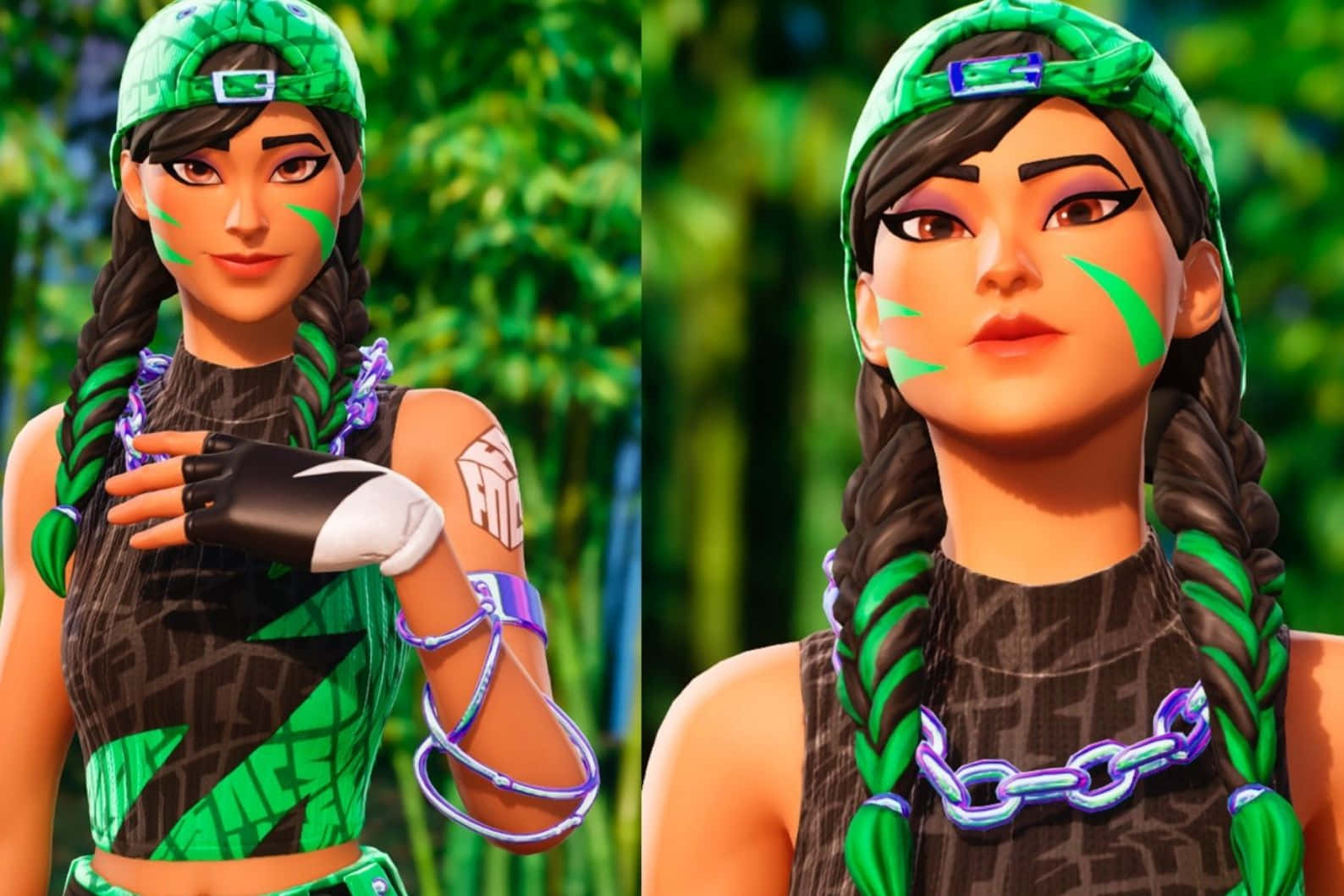 壁紙 — 一個Fortnite角色，擁有綠色辮子和臉部彩繪，站在茂密的叢林中，戴著綠色帽子並配戴發光的紫色飾品。