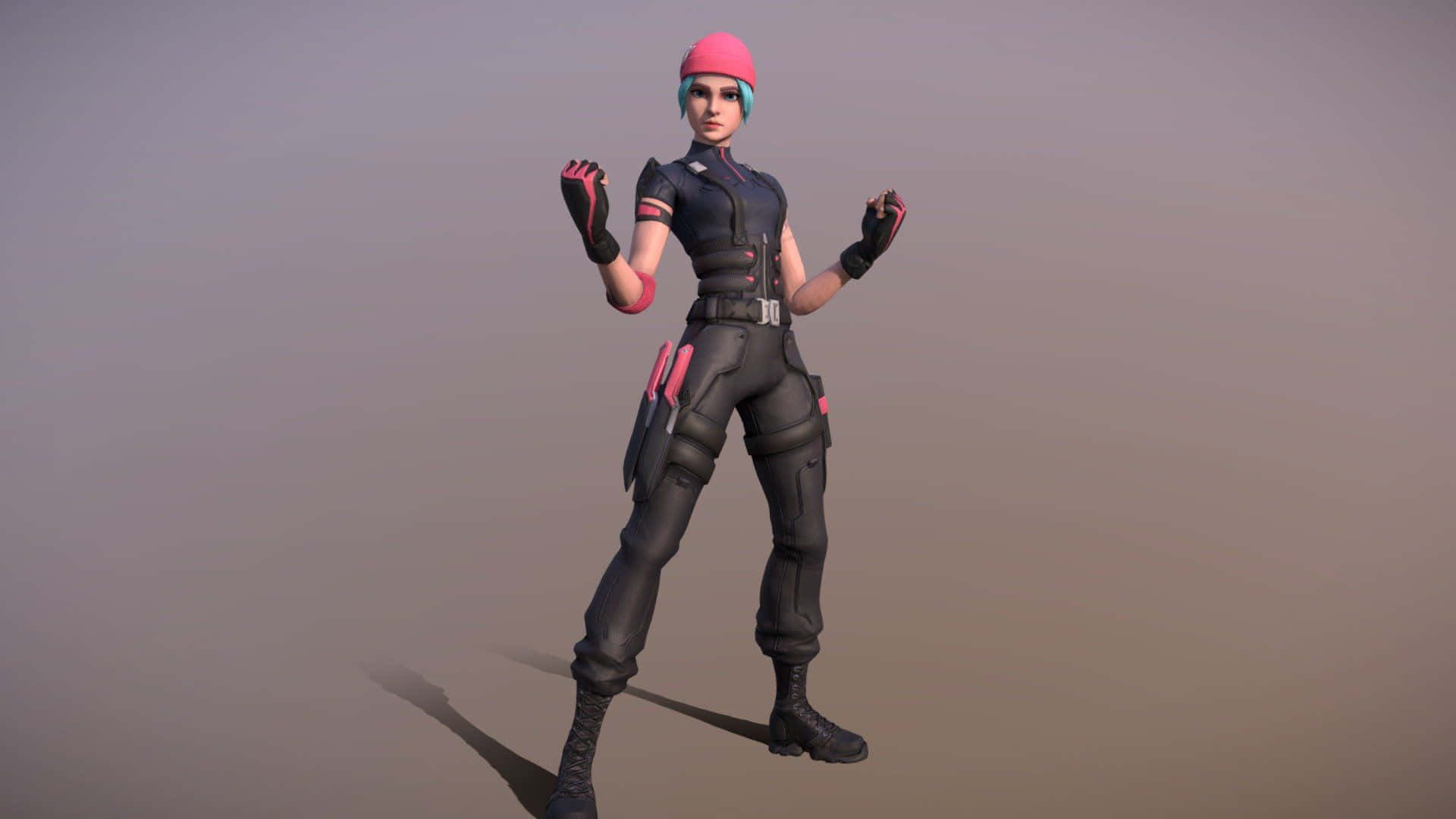 Fortnite 野貓 黑粉風 壁紙 — 一位風格化的女性戰士穿著黑色和粉紅色的戰術裝備，自信地站在簡單的漸變背景前。