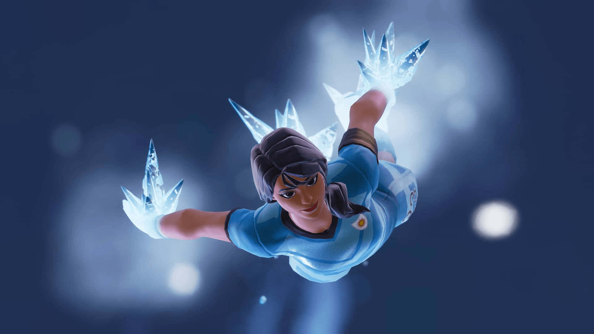 《Fortnite》足球皮膚桌面顯示 壁紙 — 一位身穿藍色球衣的女性遊戲角色在深藍色散景背景中懸浮於空中，雙手形成發光的冰晶。