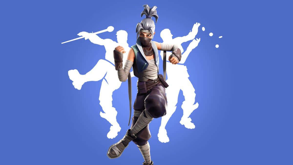 Fortnite Kuno 抬腿動作 壁紙 — 一個Fortnite忍者角色以動態姿勢呈現，背後有白色戰士剪影，襯托純藍色背景。