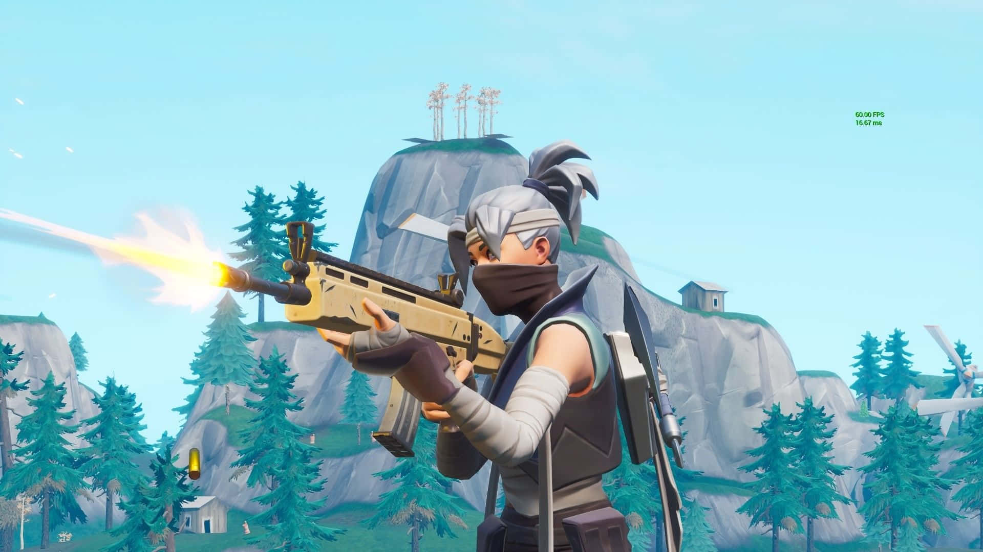 Fortnite Kuno 開火射擊 壁紙 — 一個銀髮的Fortnite角色在一個有松樹和遠處建築物的山區森林中發射金色步槍。