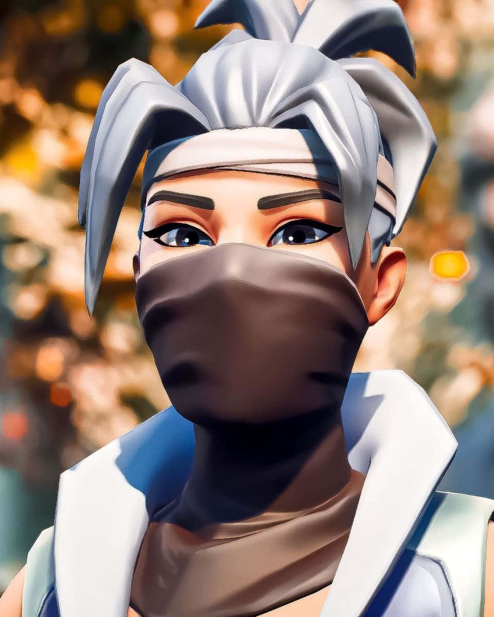 Fortnite Kuno 直視前方 壁紙 — 一個風格化的動漫角色，銀色頭髮，戴著口罩，在溫暖的散景背景前凝視前方。