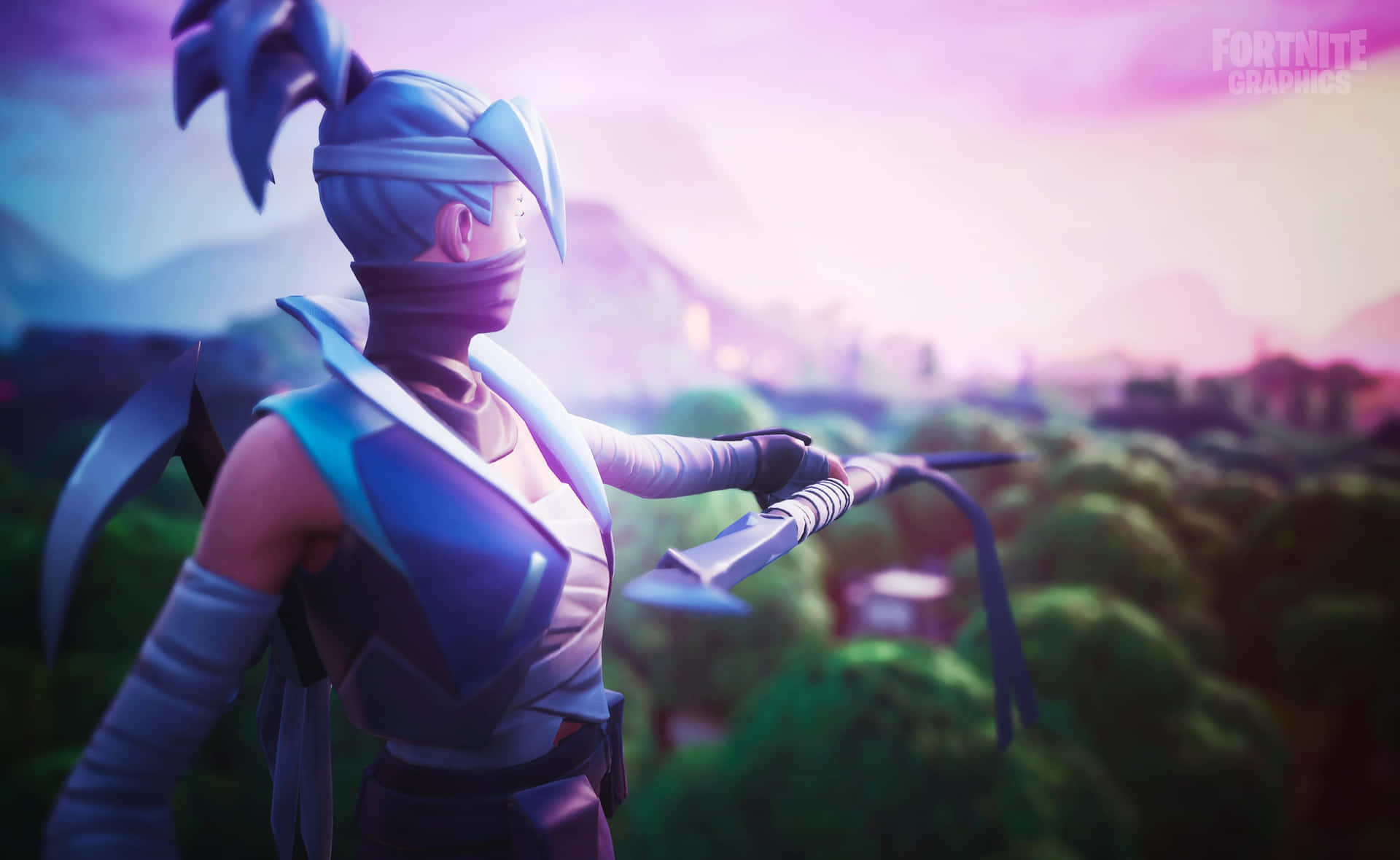 Fortnite忍者角色在森林中手持刀刃，背景為日落。