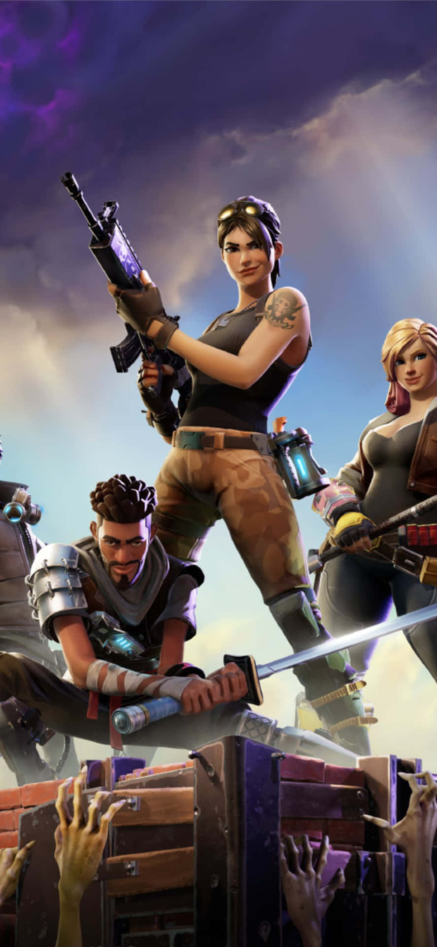 Fortnite角色帶住武器企喺木箱上面，喪屍手喺下面伸上嚟。