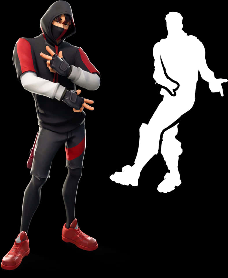 《Fortnite》角色經典姿勢 壁紙 — 一個穿著黑色、紅色和灰色連帽衫的Fortnite角色，旁邊有相同姿勢的白色剪影。
