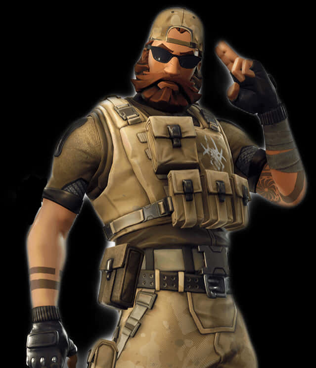 Fortnite 預設角色 壁紙 — 一個粗獷的士兵，留著鬍鬚，戴著太陽眼鏡，身穿戰術裝備，在黑色背景前自信地做手勢。
