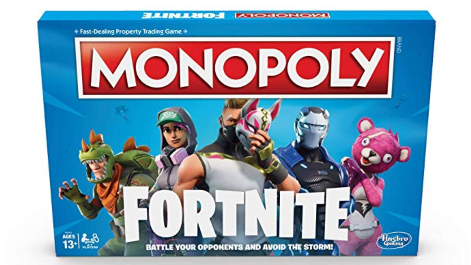 大富翁《Fortnite》版 壁紙 — Fortnite主題大富翁遊戲盒，藍色背景上有五個色彩繽紛的角色。