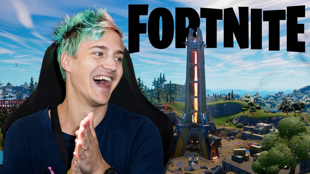 忍者《Fortnite》高塔 壁紙 — 一位笑容滿面、綠髮的遊戲玩家在《要塞英雄》遊戲場景（有發光塔和風景）前興奮地拍手。