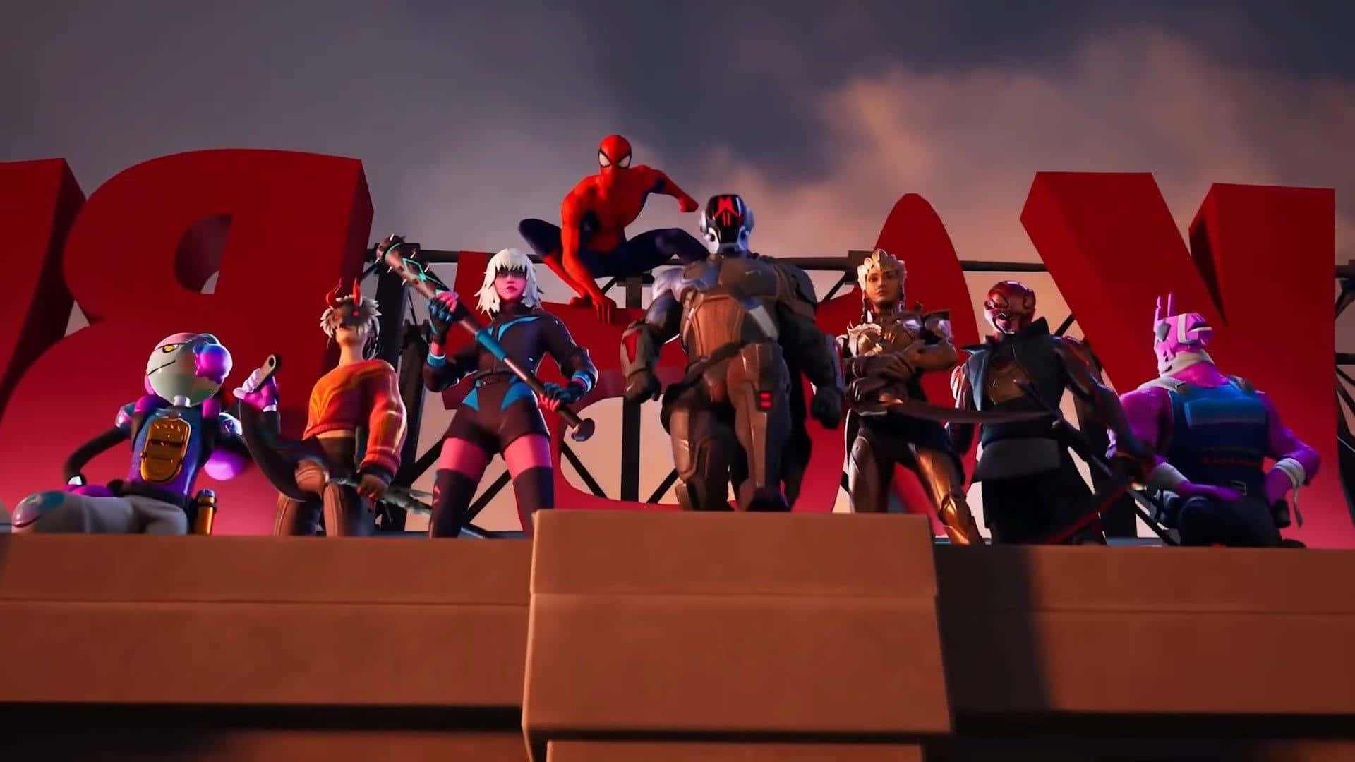 在《Fortnite 第三章第一季》中戰鬥至巔峰 壁紙 — 一群穿著色彩繽紛服裝的 Fortnite 角色在屋頂上以英雄姿態擺姿勢，背景是戲劇性的暮色天空。