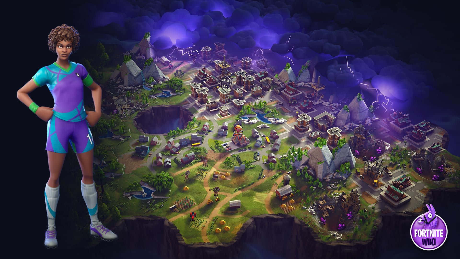 是時候穿上《Fortnite》足球皮膚上場了！ 壁紙 — 一個Fortnite角色自信地站在一個有閃電和古代遺跡的暴風雨島嶼地圖前。