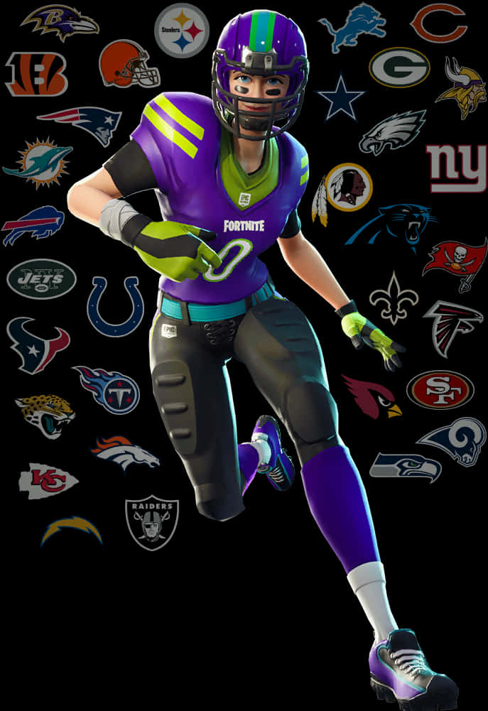 Fortnite NFL紫色造型 壁紙 — 一名穿著紫色和綠色裝備的Fortnite足球運動員在充滿NFL球隊標誌的黑色背景上動態奔跑。