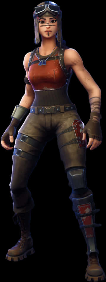 Fortnite預設女性角色站立 壁紙 — 一個女性電子遊戲角色，身穿堅固的戰鬥裝備，配有護目鏡和紅色點綴，站在黑色背景前。