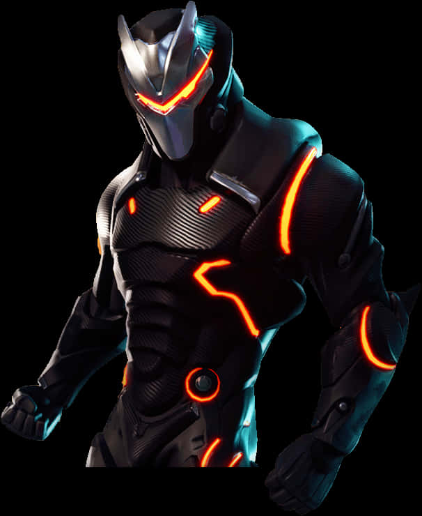 Fortnite Omega 全裝甲皮膚 壁紙 — 一個身穿黑色套裝、帶有發光橙色電路線和發光紅色眼睛的未來裝甲戰士站在黑色背景前。