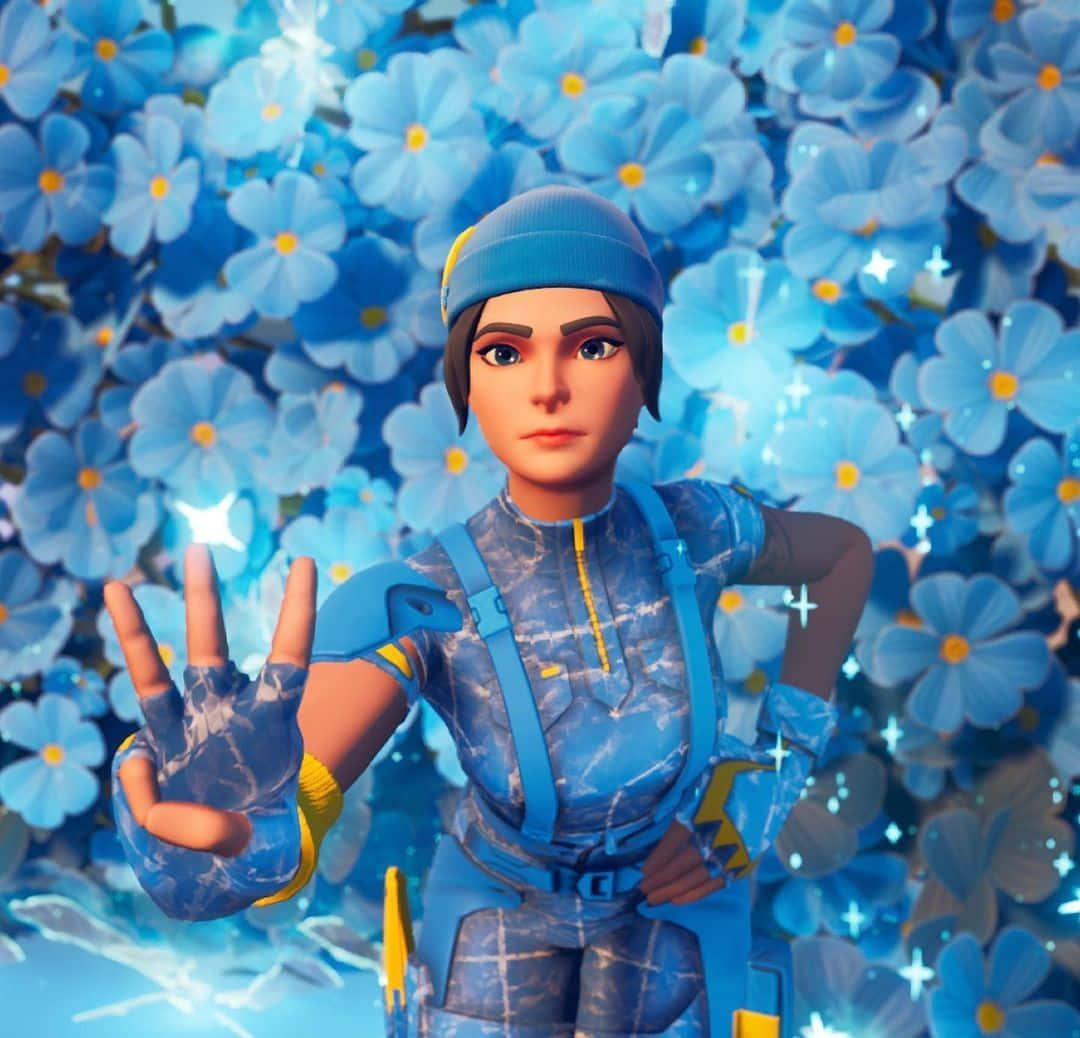 Fortnite 野貓 藍花背景 壁紙 — 一個身穿藍色裝備的數碼藝術角色站在一片帶有星形閃爍的發光藍色花朵前。