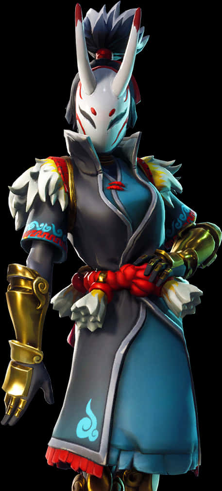 Fortnite Oni 風角色皮膚 壁紙 — 一個風格化的戰士，身穿藍色盔甲，白色角和紅色點綴，在黑色背景前擺出姿勢。