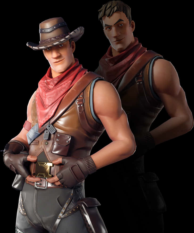Fortnite 牛仔皮膚姿勢 壁紙 — 兩個肌肉發達的男性角色穿著牛仔風格裝備，自信地站在黑色背景前，一個戴著帽子和紅色頭巾，另一個戴著圍巾。