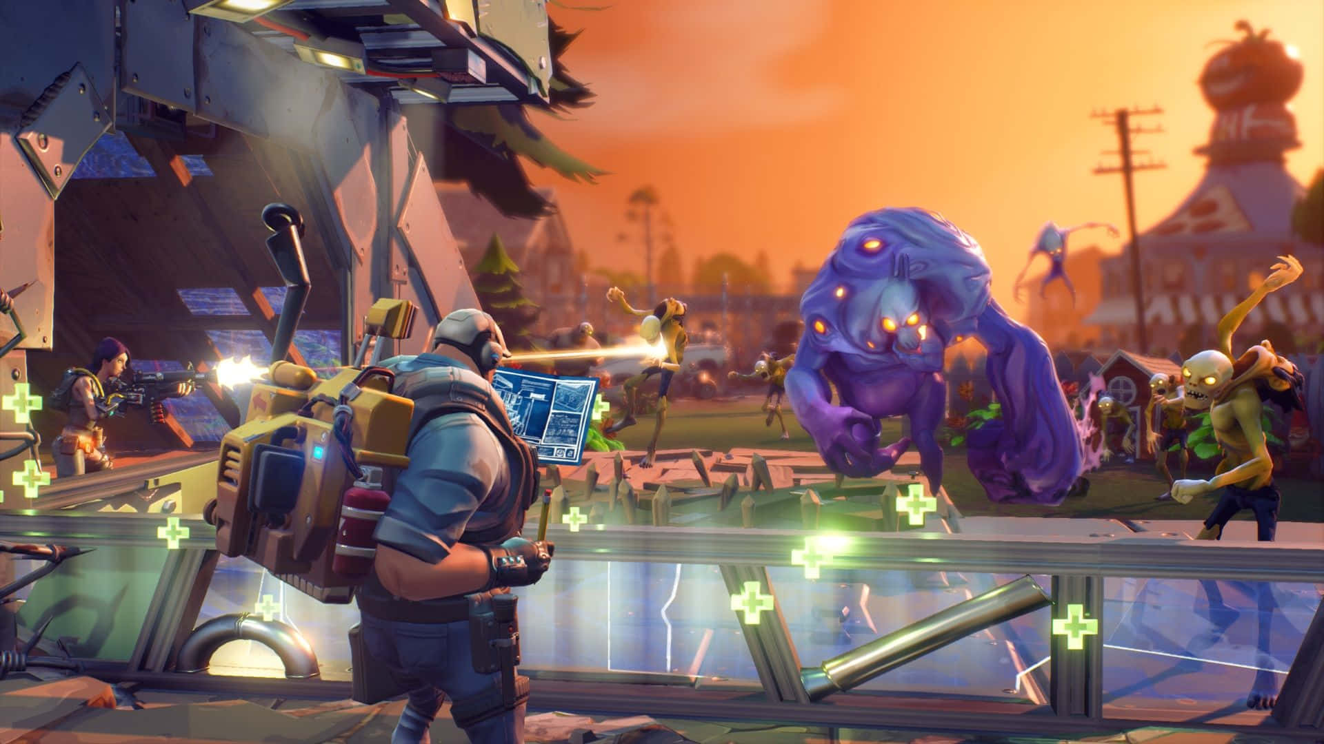 迷人Fortnite PC螢幕顯示 壁紙 — 玩家在充滿活力的日落科幻戰場上，用霓虹準星與巨大的發光紫色怪物戰鬥。