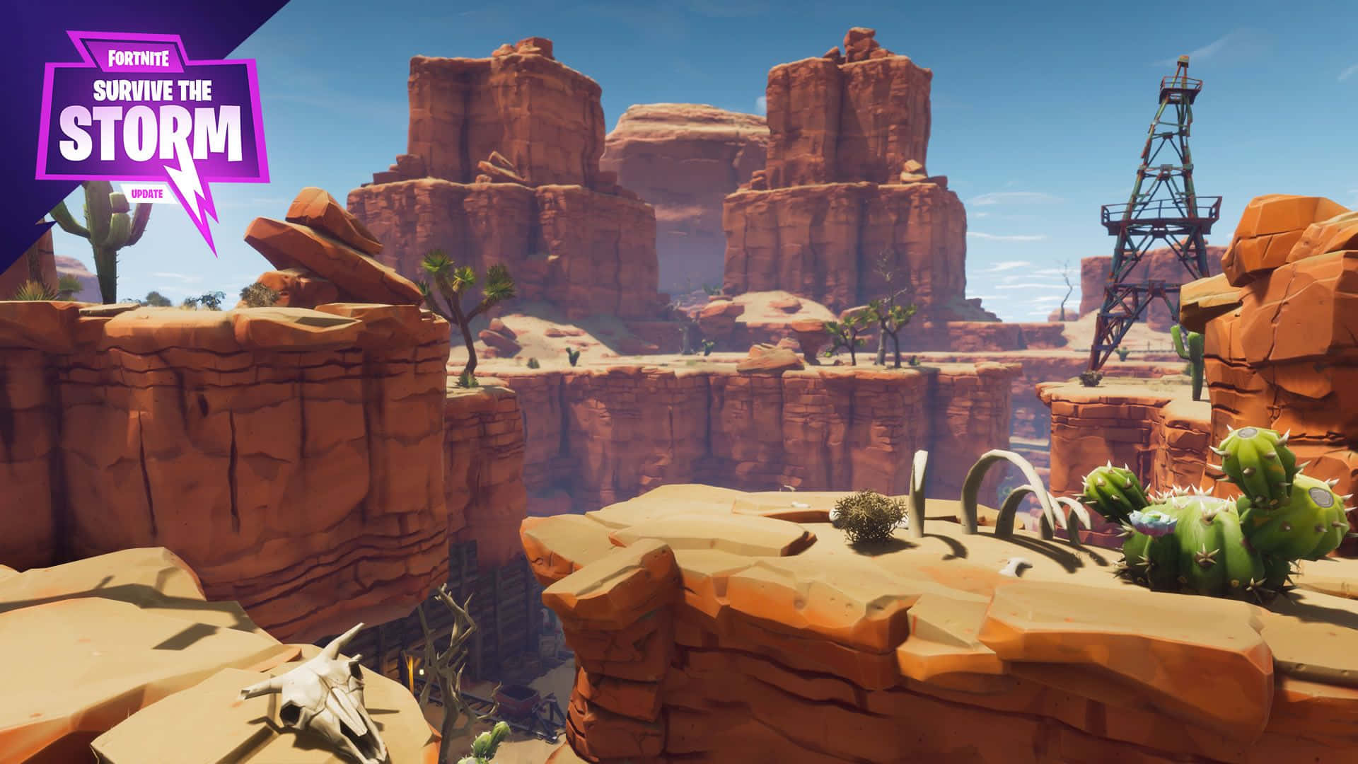 美麗Fortnite PC顯示 壁紙 — 沙漠峽谷景觀，有紅色岩層、仙人掌和一個骨骼動物頭骨，在清澈的藍天下。