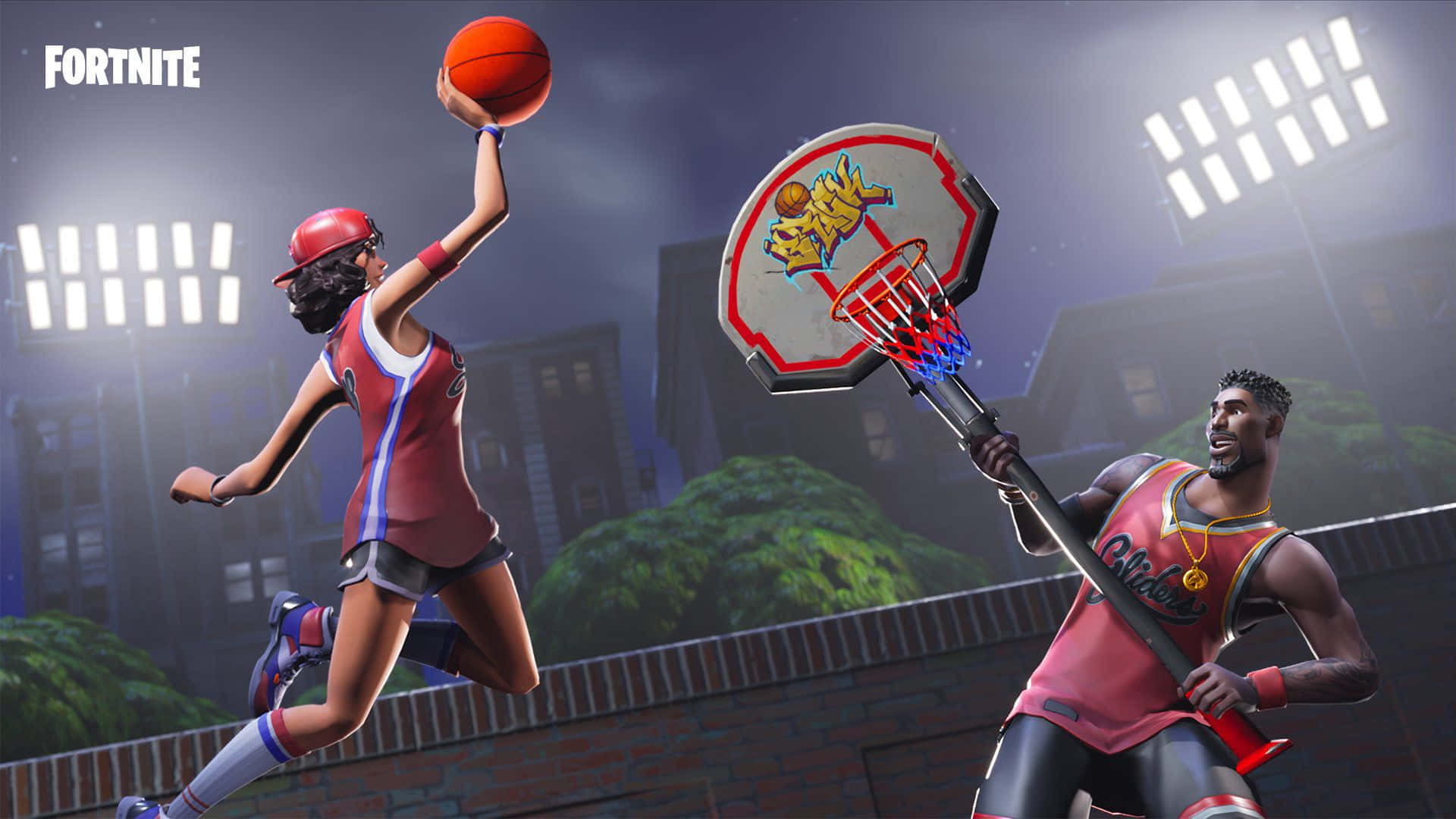 兩個Fortnite玩家在明亮的體育館燈光下進行夜間籃球比賽。