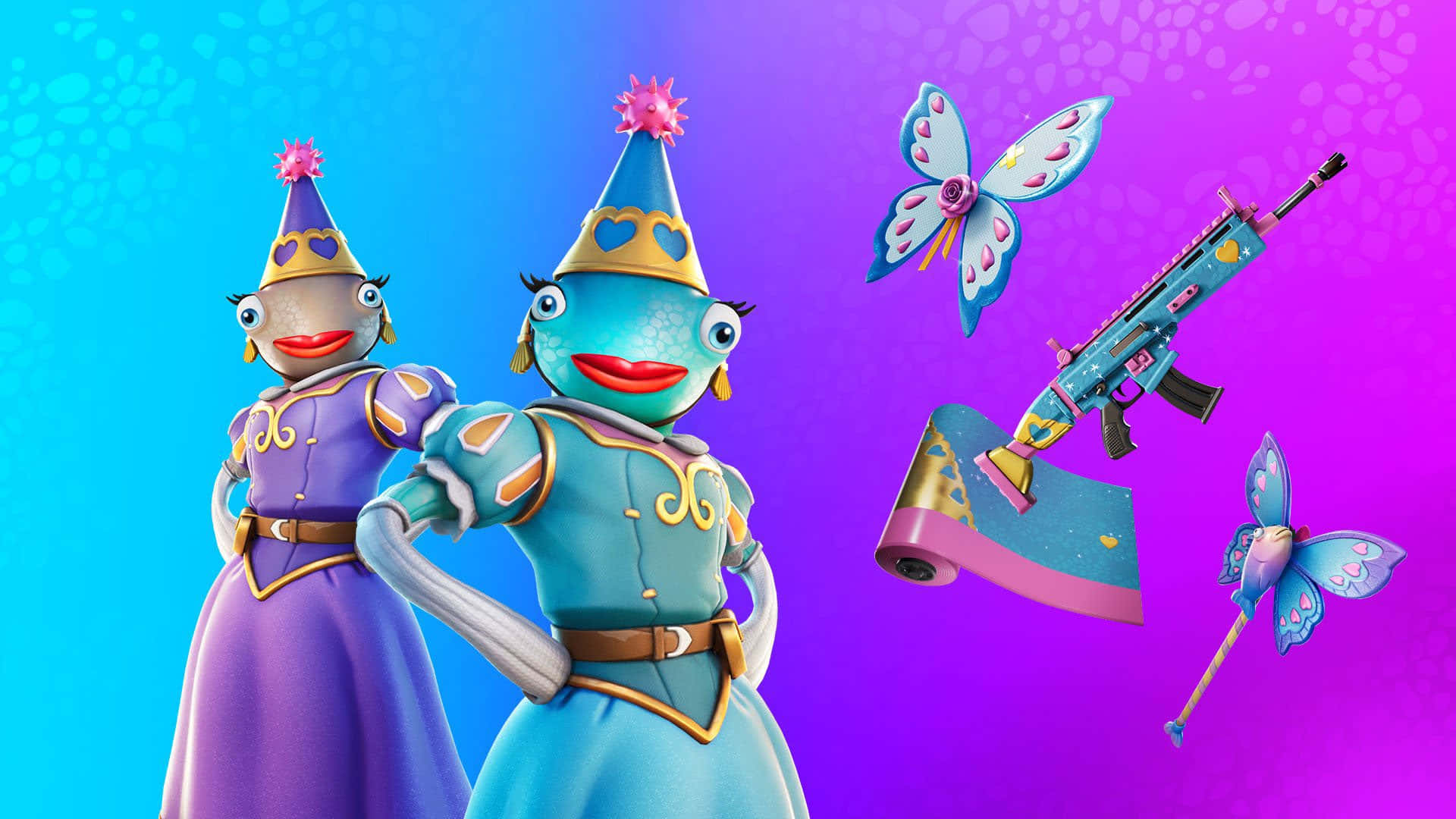 在《Fortnite》中捕捉稀有魚棒角色 壁紙 — 兩個卡通魚角色穿著皇家服飾，在充滿活力的藍色到紫色漸變背景前，與蝴蝶主題武器一起擺姿勢。