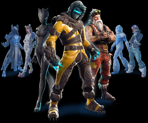 Fortnite 角色皮膚展示 壁紙 — 一群風格化的電子遊戲角色穿著鮮豔服裝，站在帶有發光藍色點綴的深色背景前。