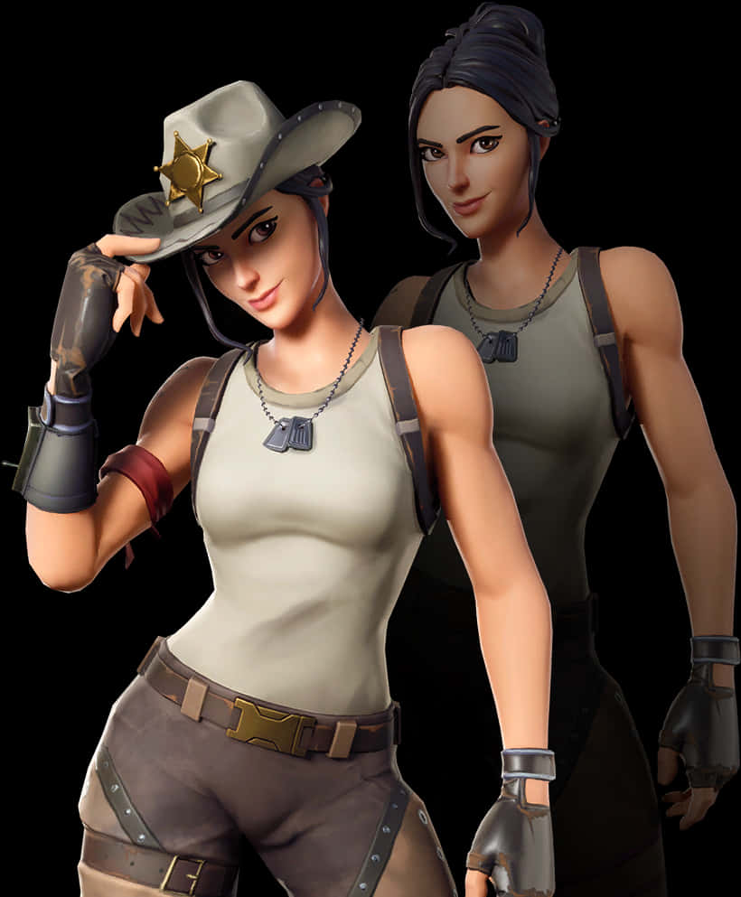 Fortnite 牛仔女角色姿勢 壁紙 — 兩個 Fortnite 角色，一個穿著警長服裝對著觀眾微笑，另一個穿著暗色裝備站在後面，黑色背景。