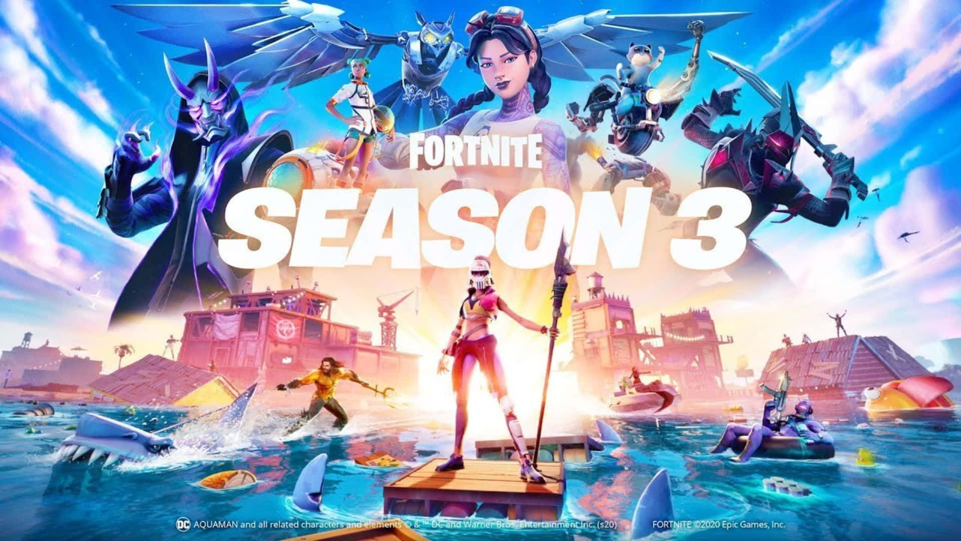 踏入《Fortnite：第三章第一季》大逃殺體驗 壁紙 — Fortnite 第3季宣傳藝術，角色在鯊魚出沒的水域中的浮動平台上，天空色彩繽紛。