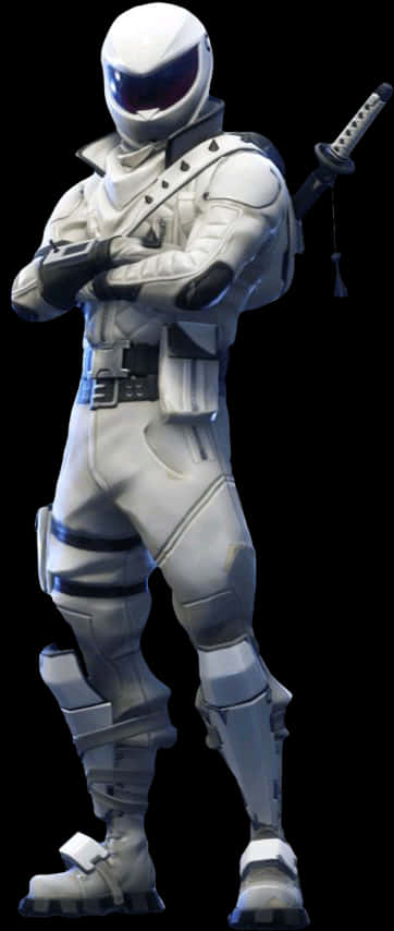 Fortnite 白色裝甲角色姿勢 壁紙 — 一位身穿白色盔甲的戰士，頭戴頭盔，手持武士刀，自信地站在黑色背景前。