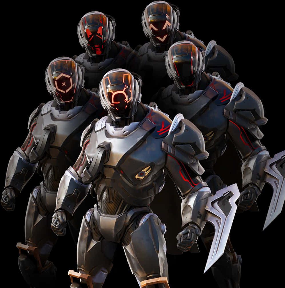 《Fortnite》陰森小隊 壁紙 — 五名身穿裝甲、戴著發光紅色面罩的未來戰士，在黑色背景下以威脅性的陣型站立。