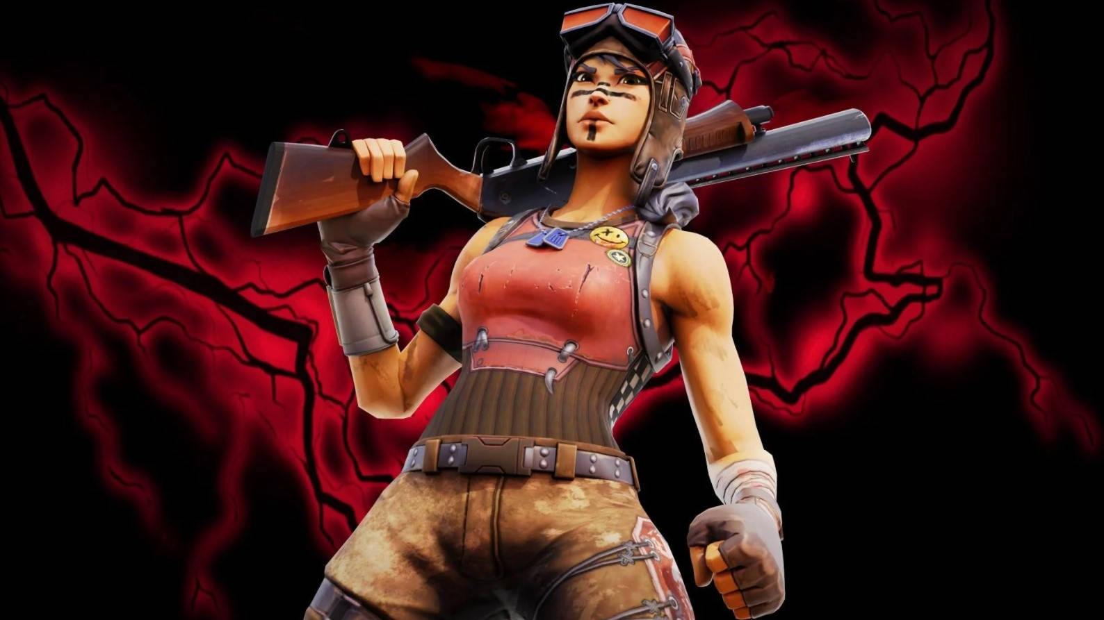 《Fortnite》Renegade Raider 粉絲創作 壁紙 — 一位兇猛的女戰士穿著粗獷裝備，手持霰彈槍，背景是裂開的紅色閃電。