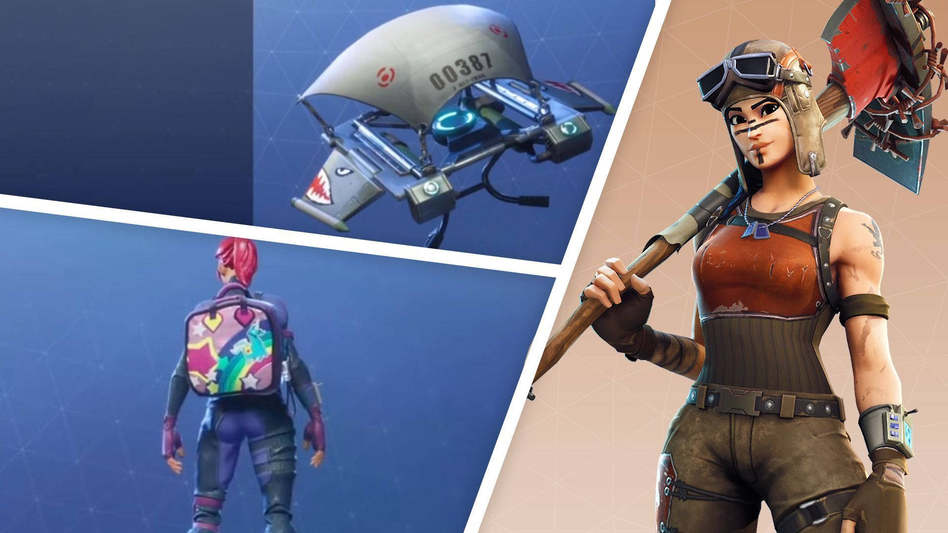 《Fortnite》Renegade Raider 裝甲造型 壁紙 — 一個紅髮、背著彩色背包的Fortnite角色站在飛行員頭盔和揮舞大斧的戰士旁邊。