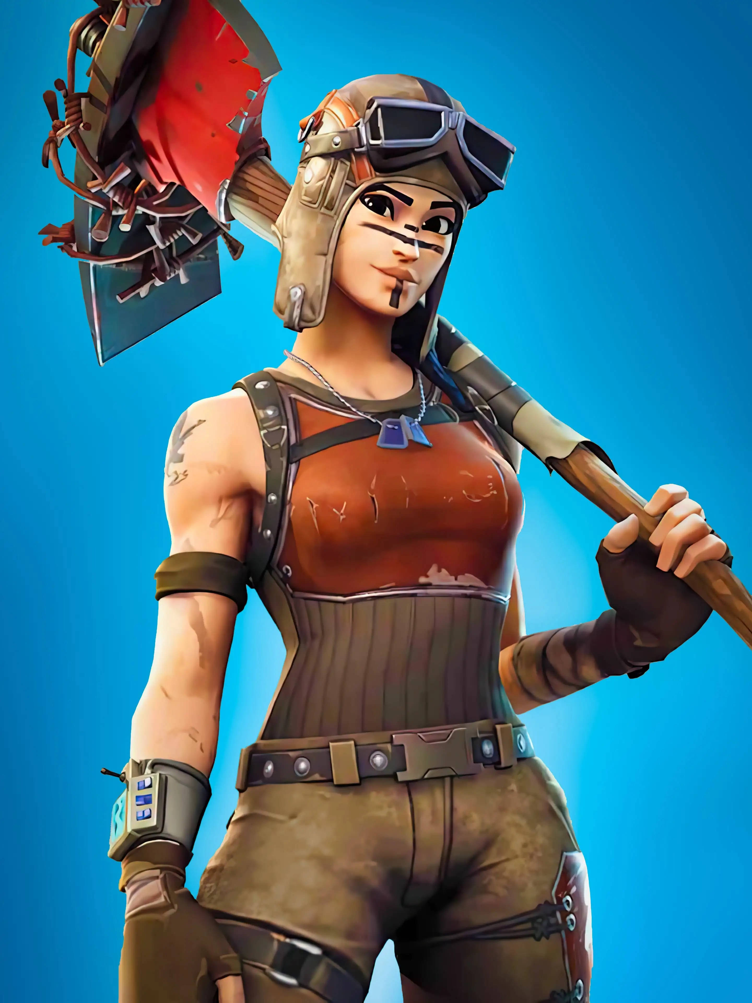《Fortnite》Renegade Raider 與採礦錘 壁紙 — 一位自信的女戰士身穿蒸氣龐克服裝，在鮮豔的藍色背景下揮舞著巨大的戰斧。