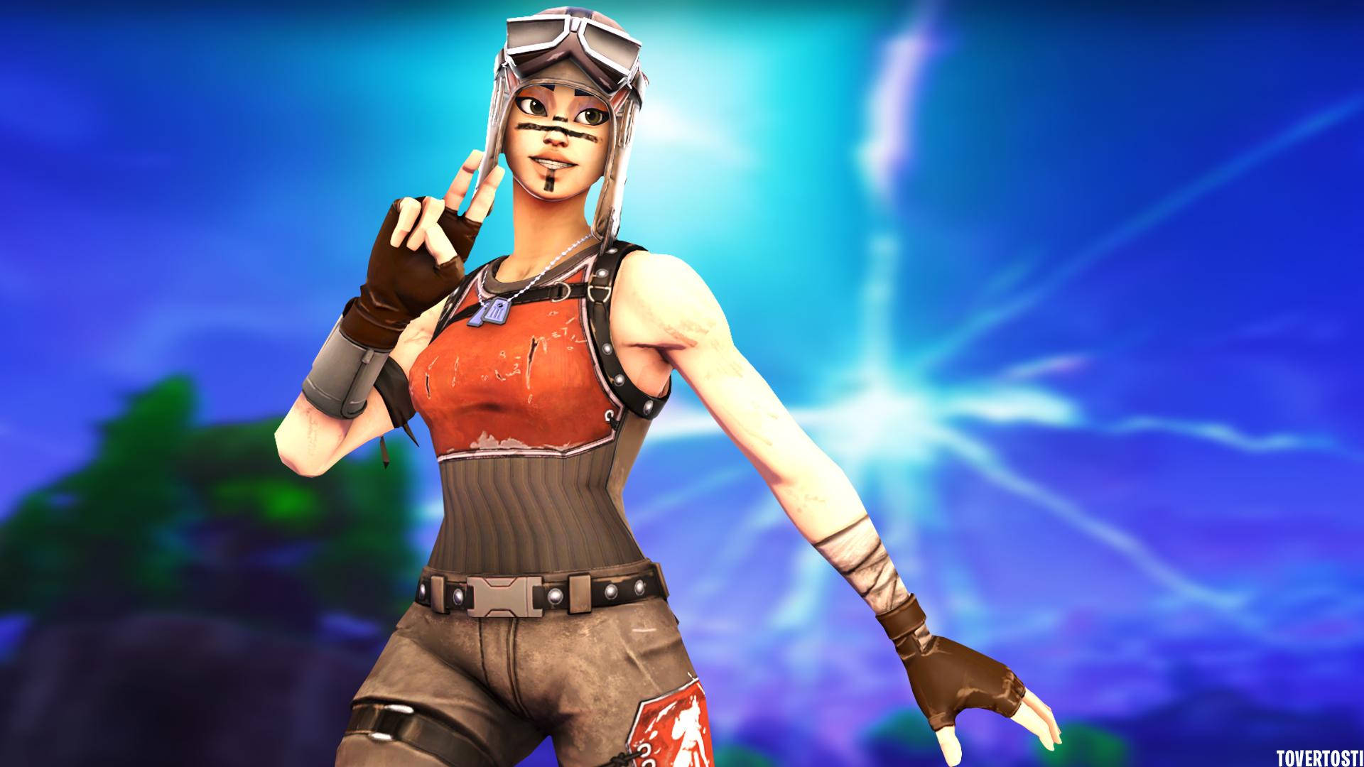 《Fortnite》Renegade Raider縮圖 壁紙 — 一位身穿紅色和棕色服裝的女性電子遊戲角色，在發光的藍色和紫色宇宙背景前自信地擺姿勢。