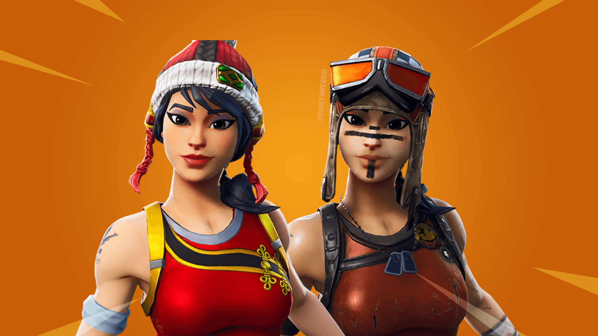 《Fortnite》Renegade Raider 皮膚：Scarlet Defender 壁紙 — 兩個穿著鮮豔服裝的Fortnite角色站在大膽的橙色背景前，帶有動態的黃色條紋。
