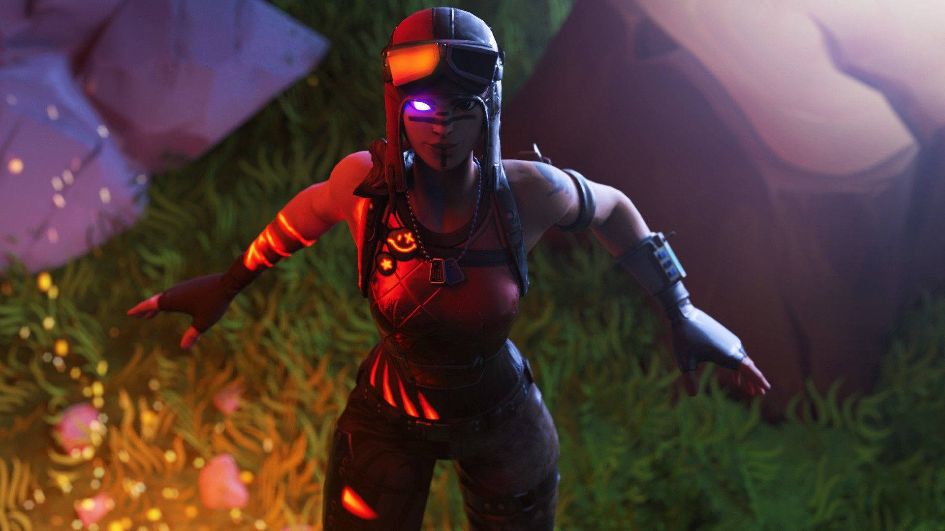 《Fortnite》Renegade Raider：燃燒雙眸 壁紙 — 一個發光的未來戰士，身穿紅色和黑色裝備，站在一個充滿生物發光植物的神秘森林中。