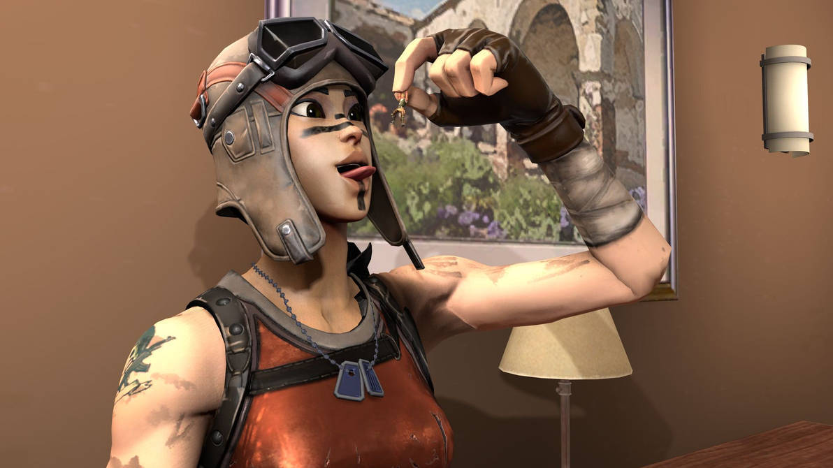 《Fortnite》Renegade Raider 在房間內 壁紙 — 一個戴著蒸氣龐克頭盔的女性角色在溫暖照明的室內房間裡，將一個小物體靠近她的臉部。